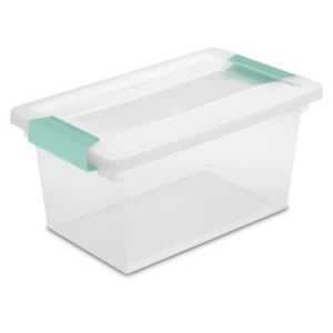 Sterilite 1962 medium clear plastic clip storage box with transparent lid and base featuring aqua chrome side latches