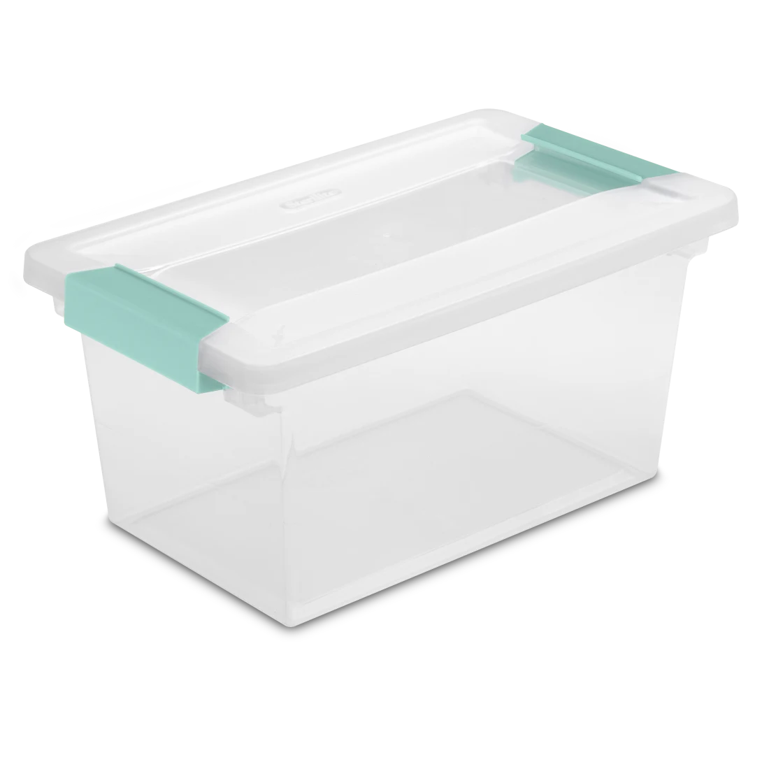 Sterilite 1962 medium clear plastic clip storage box with transparent lid and base featuring aqua chrome side latches