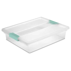Sterilite 1963 large clear plastic clip storage box with transparent lid and base featuring aqua chrome side latches