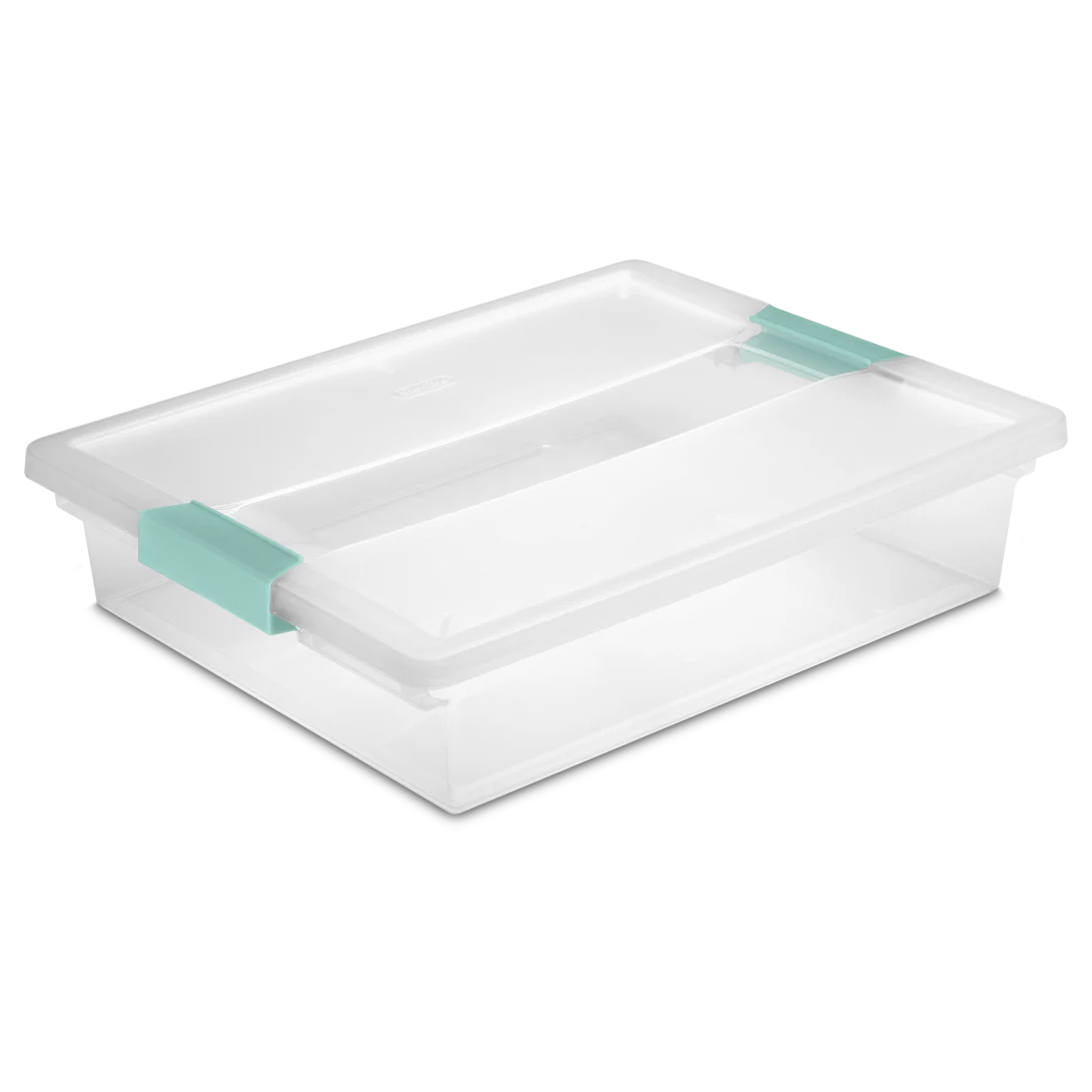 Sterilite 1963 large clear plastic clip storage box with transparent lid and base featuring aqua chrome side latches