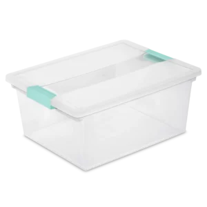 Sterilite 1965 deep clear plastic clip storage box with transparent lid and base featuring aqua chrome side latches