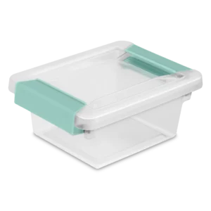 Sterilite 1969 mini clear plastic clip storage box with transparent lid and base featuring aqua chrome side latches