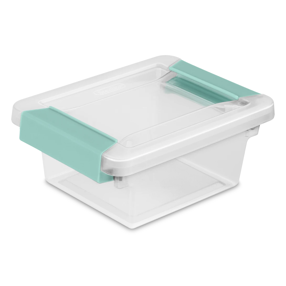 Sterilite 1969 mini clear plastic clip storage box with transparent lid and base featuring aqua chrome side latches