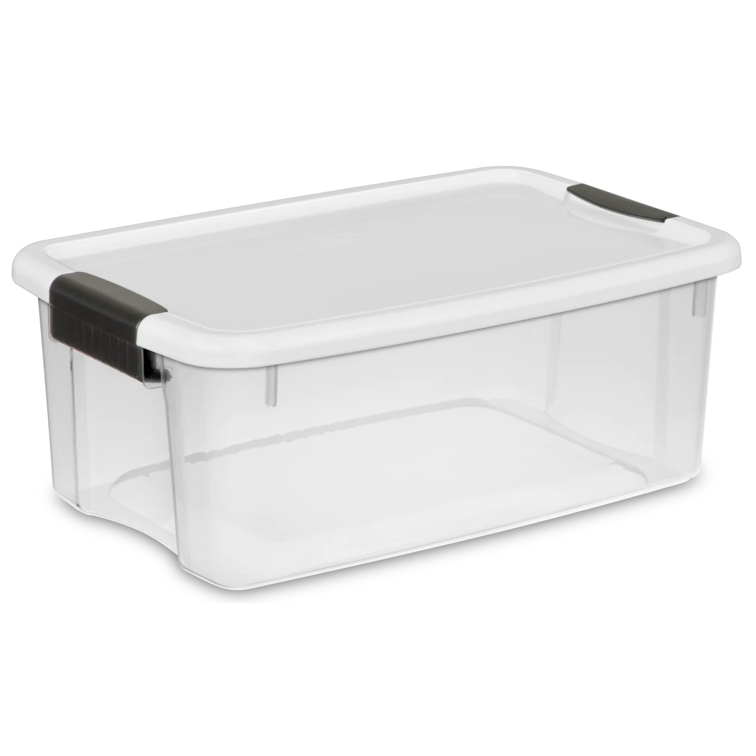 Sterilite 1984 18 quart Ultra Latch plastic storage box with transparent base, white lid, and heavy-duty black side latches