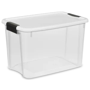 Sterilite 1985 30 quart Ultra Latch plastic storage box with transparent base, white lid, and heavy-duty black side latches