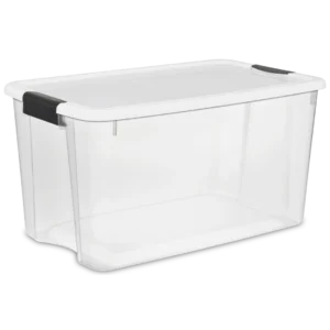 Sterilite 1988 70 quart Ultra Latch plastic storage box with transparent base, white lid, and heavy-duty black side latches