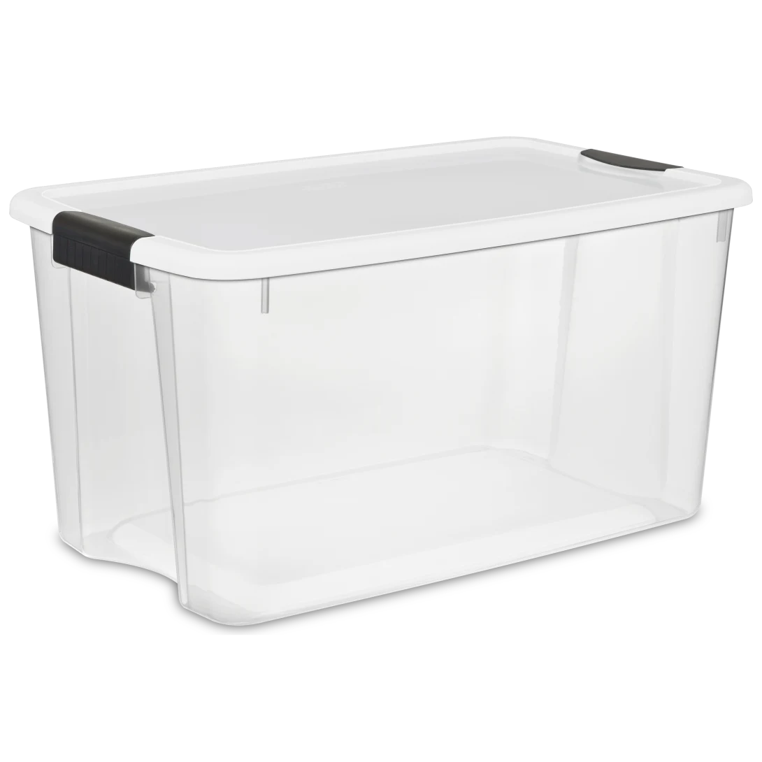 Sterilite 1988 70 quart Ultra Latch plastic storage box with transparent base, white lid, and heavy-duty black side latches