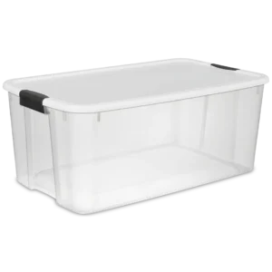 Sterilite 1990 116 quart Ultra Latch plastic storage box with transparent base, white lid, and heavy-duty black side latches