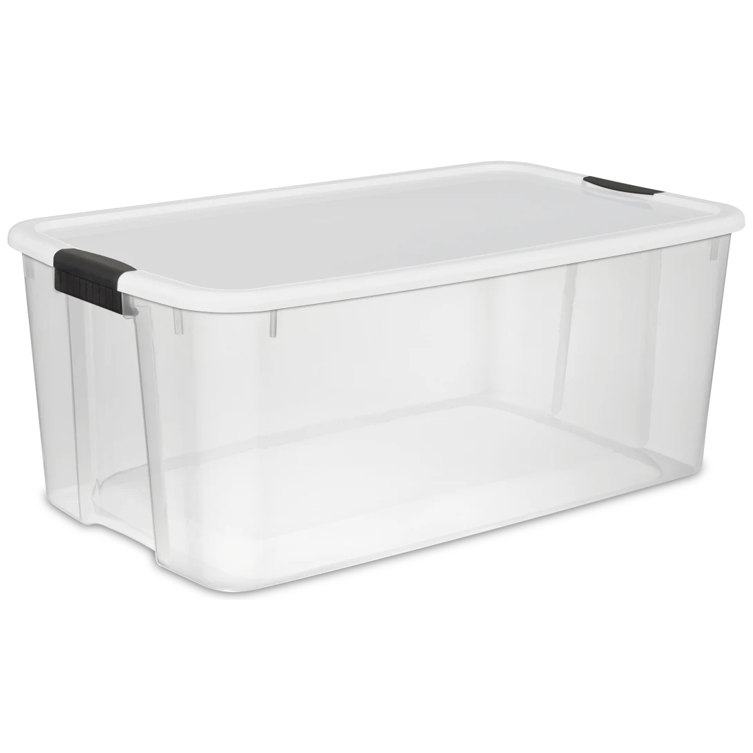 Sterilite 1990 116 quart Ultra Latch plastic storage box with transparent base, white lid, and heavy-duty black side latches
