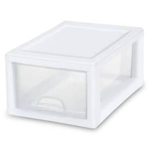 Sterilite 2051 6 quart single stacking storage drawer with white plastic outer frame and clear front pull-out drawer