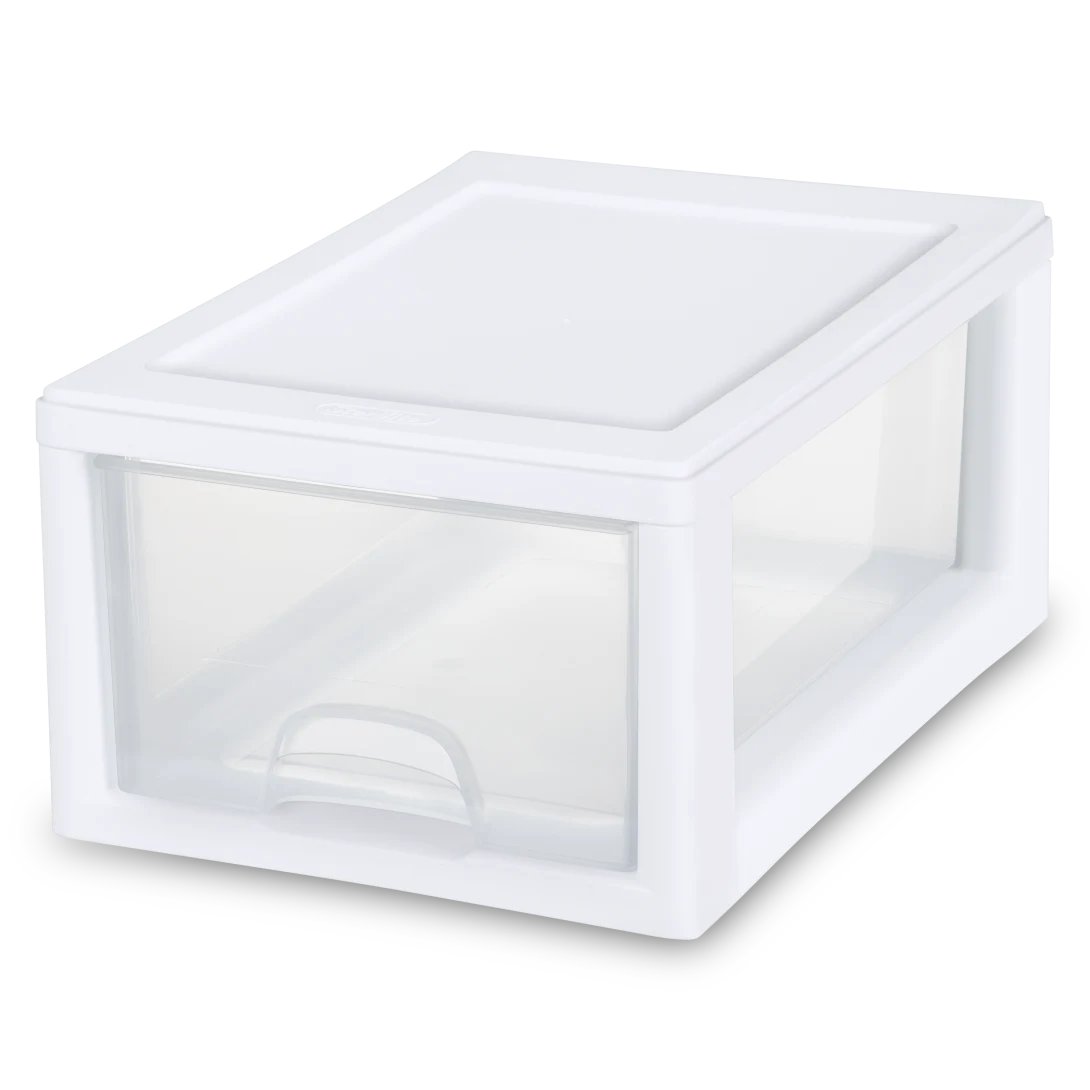Sterilite 2051 6 quart single stacking storage drawer with white plastic outer frame and clear front pull-out drawer