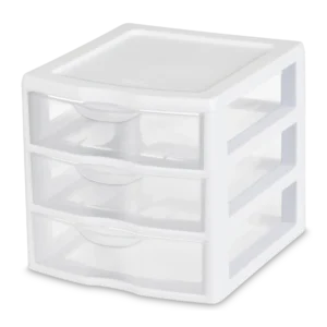Sterilite 2073 small 3 drawer plastic desktop storage unit with white outer frame and three clear pull-out drawers
