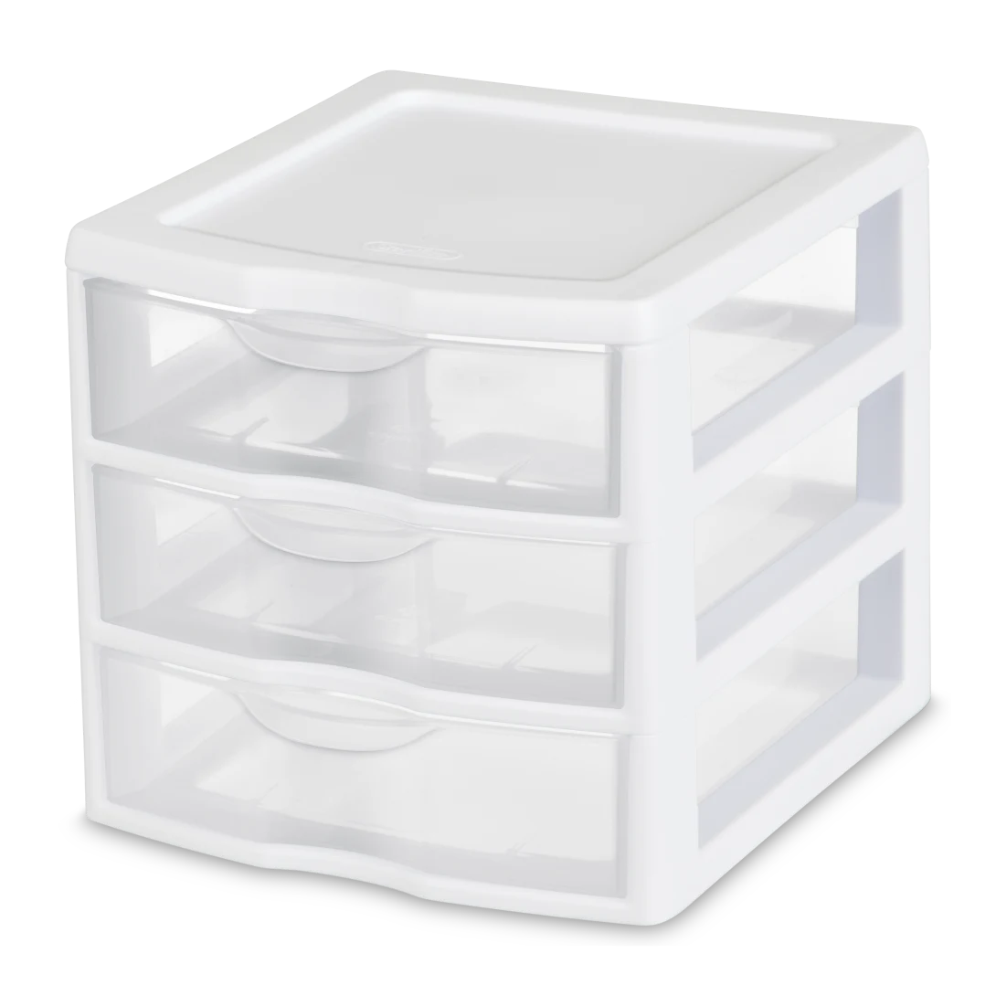 Sterilite 2073 small 3 drawer plastic desktop storage unit with white outer frame and three clear pull-out drawers