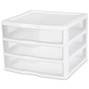 Sterilite 2093 wide 3 drawer plastic desktop storage unit with white outer frame and three wide clear pull-out drawers