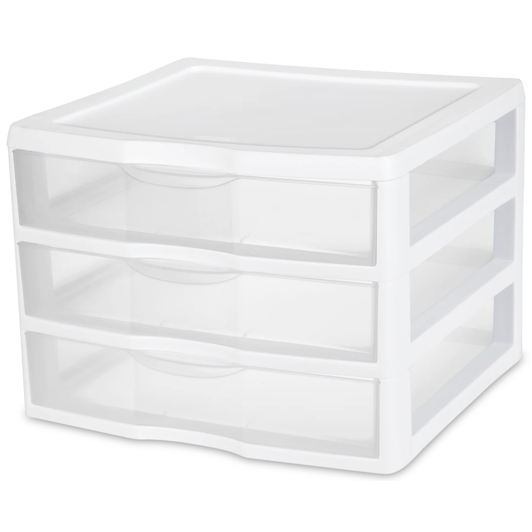 Sterilite 2093 wide 3 drawer plastic desktop storage unit with white outer frame and three wide clear pull-out drawers