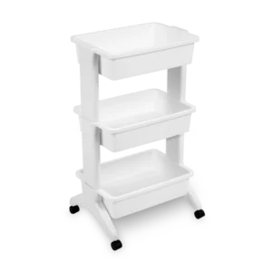 Sterilite 2133 3 tier white plastic utility storage cart with three open bins, white support legs, and black rolling caster wheels