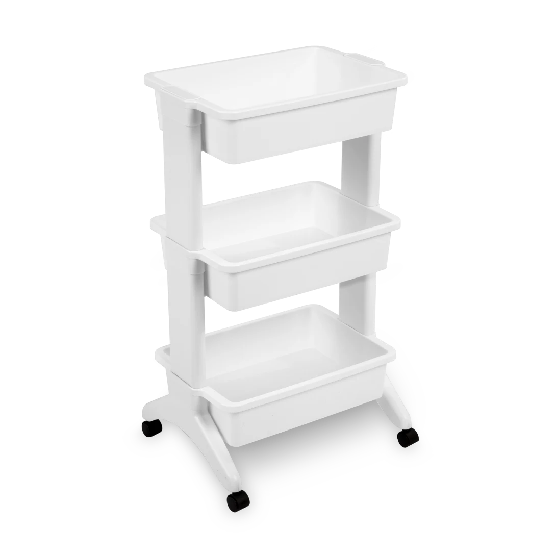 Sterilite 2133 3 tier white plastic utility storage cart with three open bins, white support legs, and black rolling caster wheels