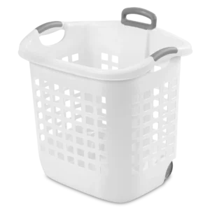 Sterilite 1224 1.75 bushel white plastic ultra wheeled laundry basket showing titanium retractable handle, rear wheels, and ventilation grid