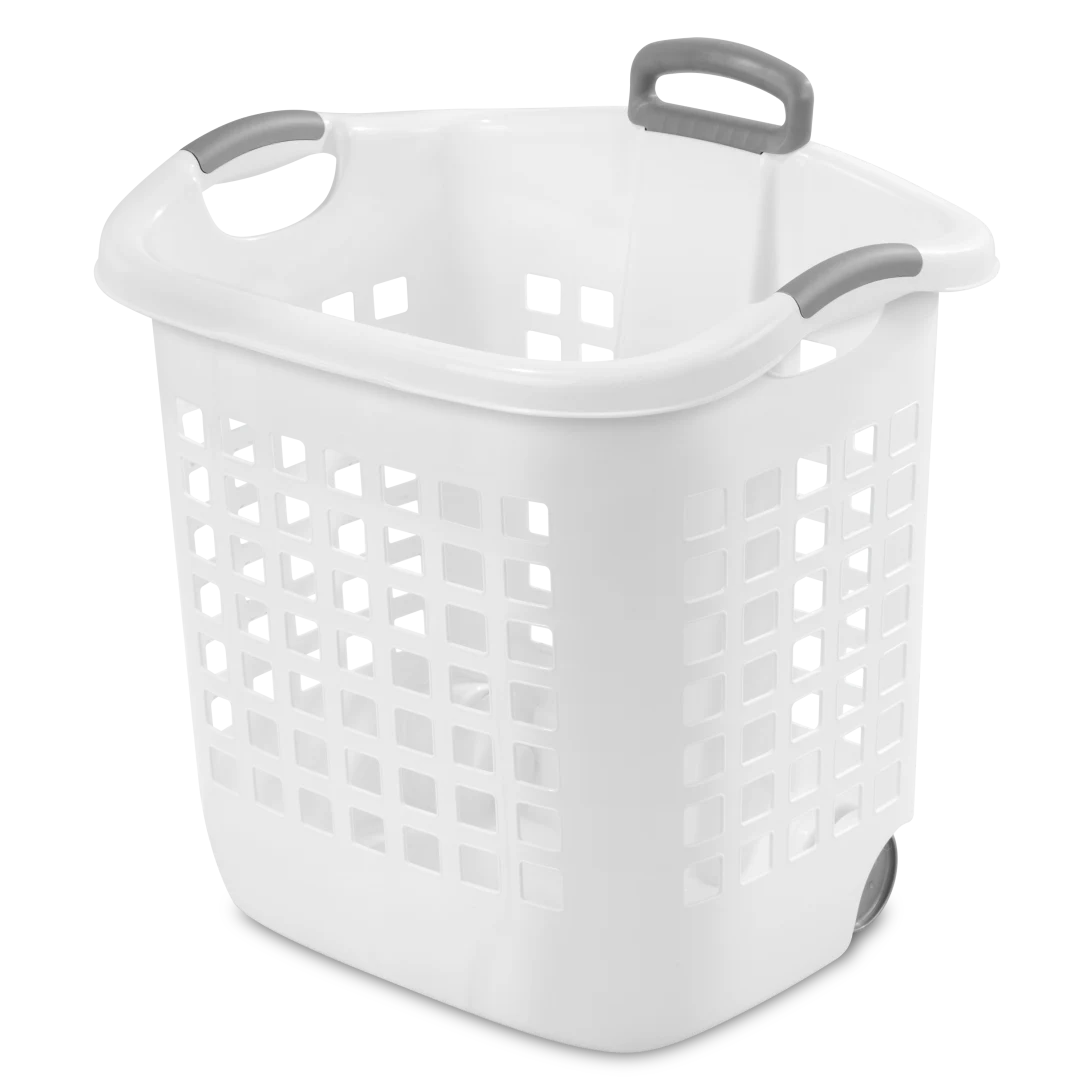 Sterilite 1224 1.75 bushel white plastic ultra wheeled laundry basket showing titanium retractable handle, rear wheels, and ventilation grid