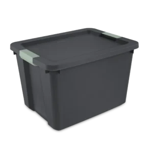 Sterilite 2217 20 gallon heavy duty flat gray plastic latch storage tote with matching flat gray lid and green river side locking latches