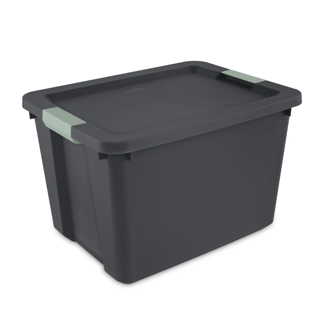 Sterilite 2217 20 gallon heavy duty flat gray plastic latch storage tote with matching flat gray lid and green river side locking latches