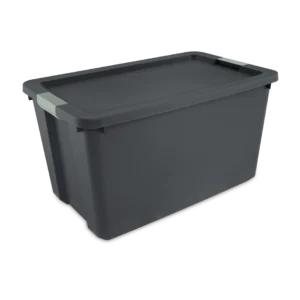 Sterilite 2219 34 gallon heavy duty flat gray plastic latch storage tote with matching flat gray lid and green river side locking latches