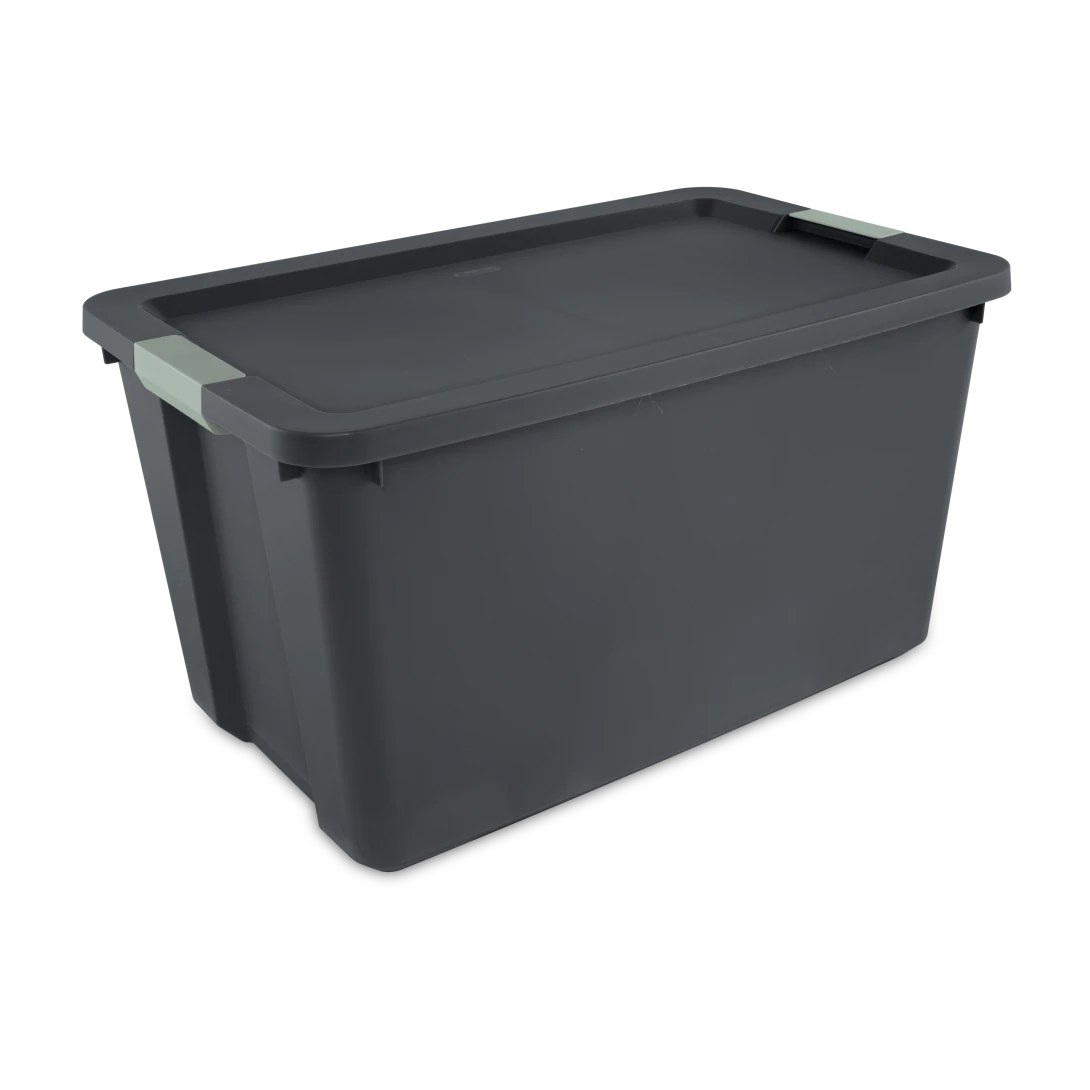 Sterilite 2219 34 gallon heavy duty flat gray plastic latch storage tote with matching flat gray lid and green river side locking latches