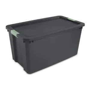 Sterilite 2222 45 gallon heavy duty rolling flat gray plastic latch storage tote with wheels, matching flat gray lid, and green river side locking latches