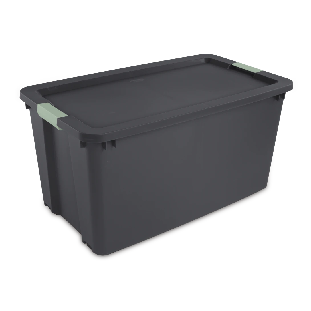 Sterilite 2222 45 gallon heavy duty rolling flat gray plastic latch storage tote with wheels, matching flat gray lid, and green river side locking latches