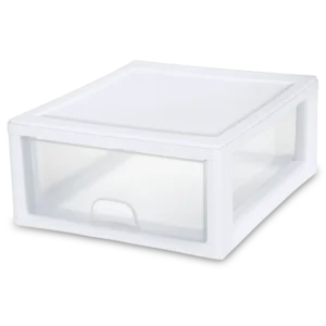 Sterilite 2301 16 quart single stacking storage drawer with white plastic outer frame and clear front pull-out drawer