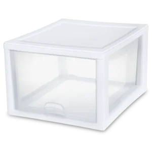 Sterilite 2310 27 quart single stacking storage drawer with white plastic outer frame and clear front pull-out drawer