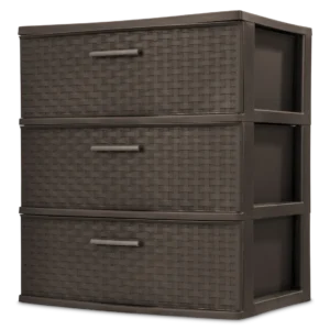 Sterilite 2530 3 drawer wide weave plastic storage unit in deep espresso dark brown with driftwood accent handles