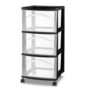 Sterilite 2830 3 drawer plastic mobile storage cart with black frame, three clear pull-out drawers, and black swivel casters