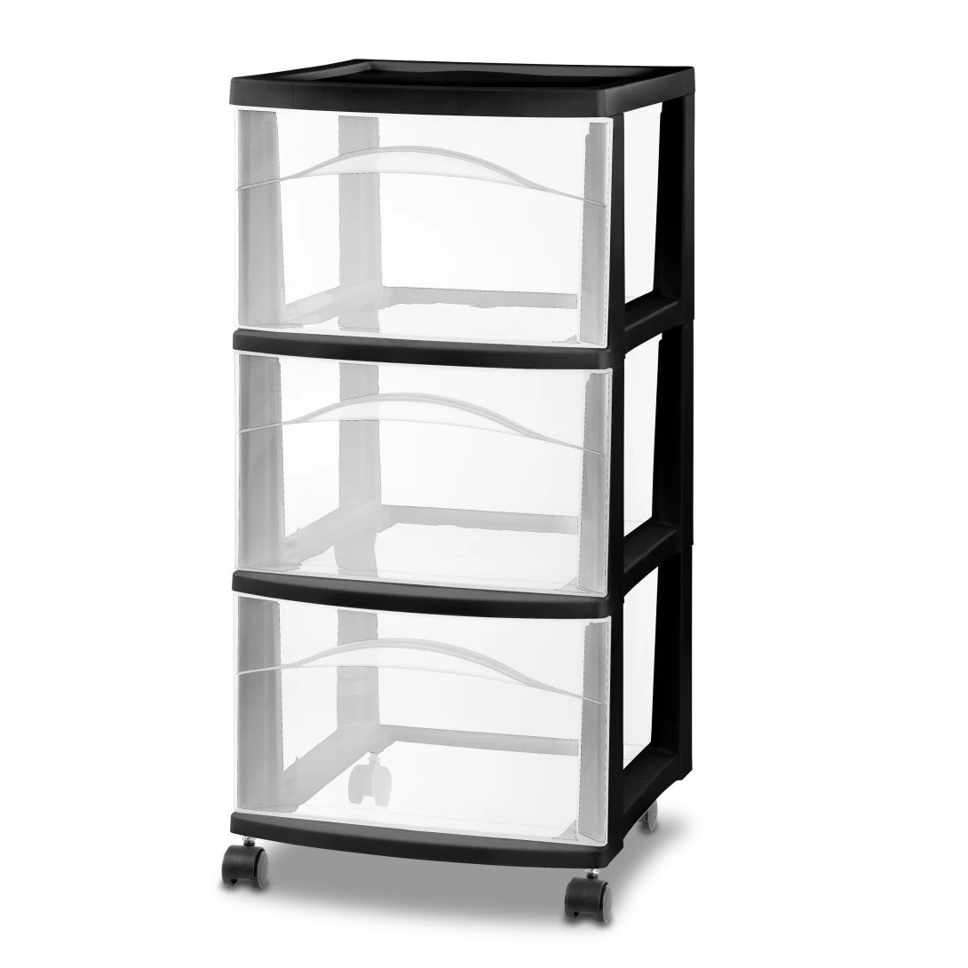 Sterilite 2830 3 drawer plastic mobile storage cart with black frame, three clear pull-out drawers, and black swivel casters