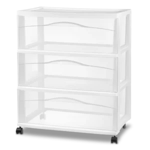 Sterilite 2930 wide 3 drawer plastic mobile storage cart with white frame, three extra wide clear pull-out drawers, and black swivel casters