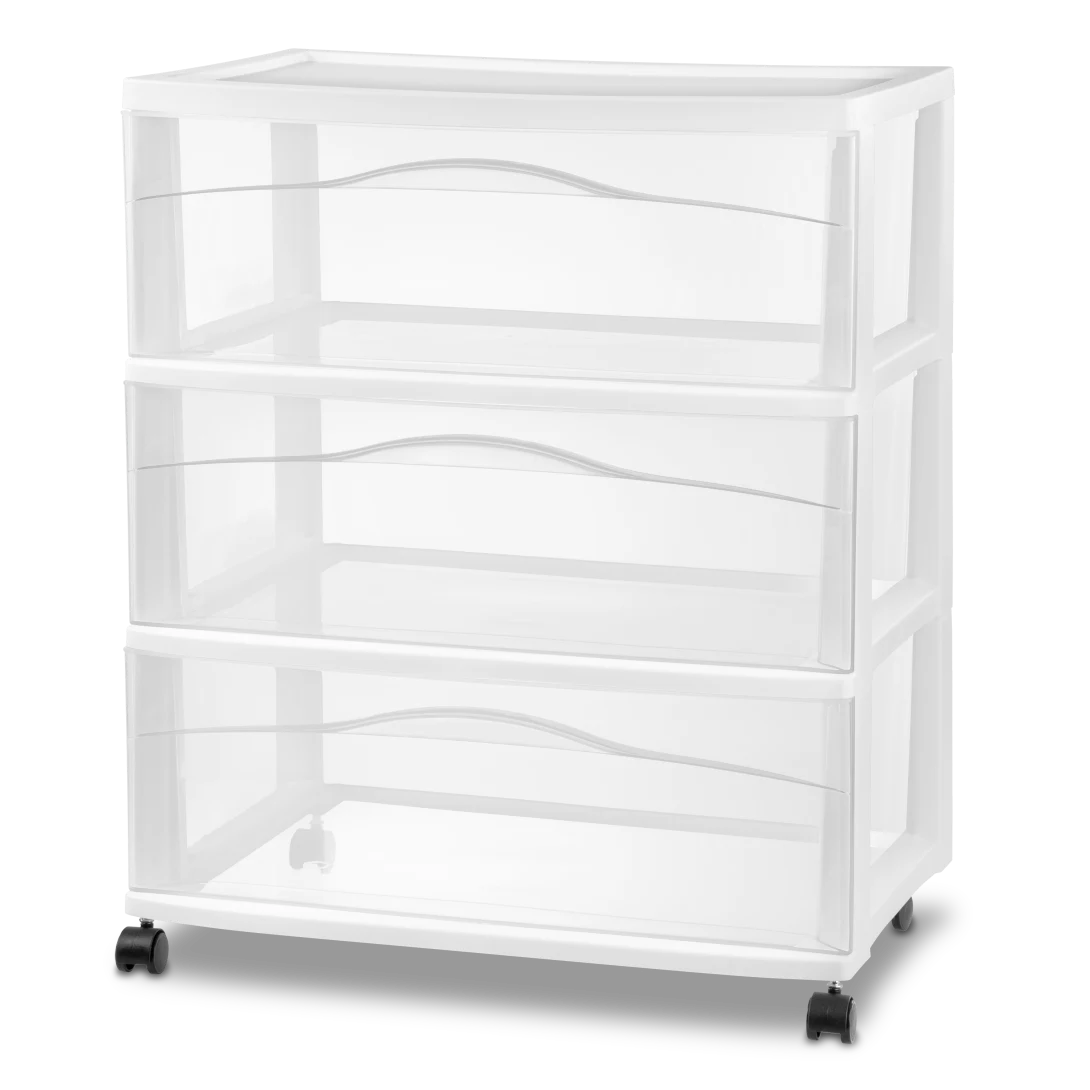 Sterilite 2930 wide 3 drawer plastic mobile storage cart with white frame, three extra wide clear pull-out drawers, and black swivel casters