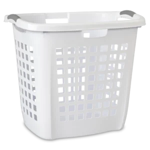 Sterilite 1225 Ultra easy carry white plastic tall laundry hamper showing titanium handle inserts and open ventilation pattern