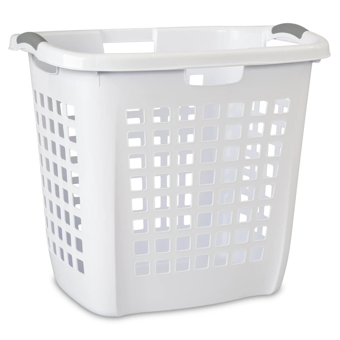 Sterilite 1225 Ultra easy carry white plastic tall laundry hamper showing titanium handle inserts and open ventilation pattern