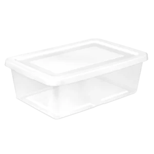 Sterilite 4243 12 quart clear plastic storage box container with white snap-on lid for closet and shelf organization