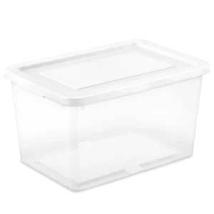 Sterilite 4244 20 quart clear plastic storage box container with white snap-on lid for closet and pantry organization