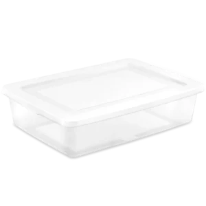 Sterilite 4246 28 quart clear plastic low-profile storage box container with white snap-on lid for closet and under-bed organization