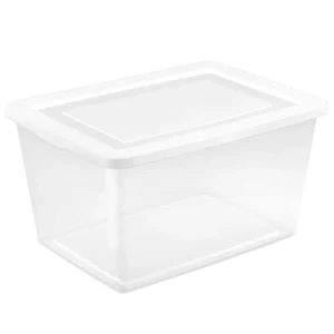 Sterilite 4248 58 quart large clear plastic storage box container with white snap-on lid for closet and garage organization