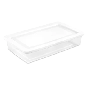 Sterilite 4260 41 quart clear plastic low-profile underbed storage box container with white snap-on lid