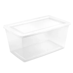 Sterilite 4265 90 quart extra large clear plastic storage box container with white snap-on lid for garage and basement organization