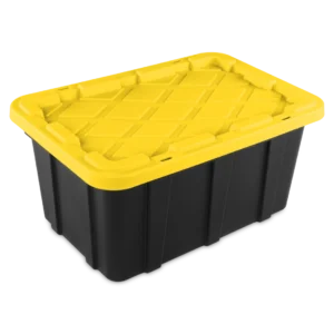 Sterilite 5063 17 gallon heavy-duty industrial plastic storage tote with black base, bright yellow lily snap-on lid, and tie-down strap channels