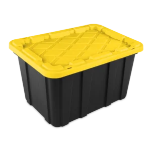 Sterilite 5065 27 gallon heavy-duty industrial plastic storage tote with black base, bright yellow lily snap-on lid, and tie-down strap channels