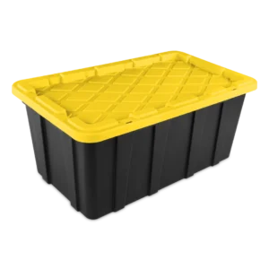 Sterilite 5067 38 gallon extra large heavy-duty industrial plastic storage tote with black base, bright yellow lily snap-on lid, and tie-down strap channels