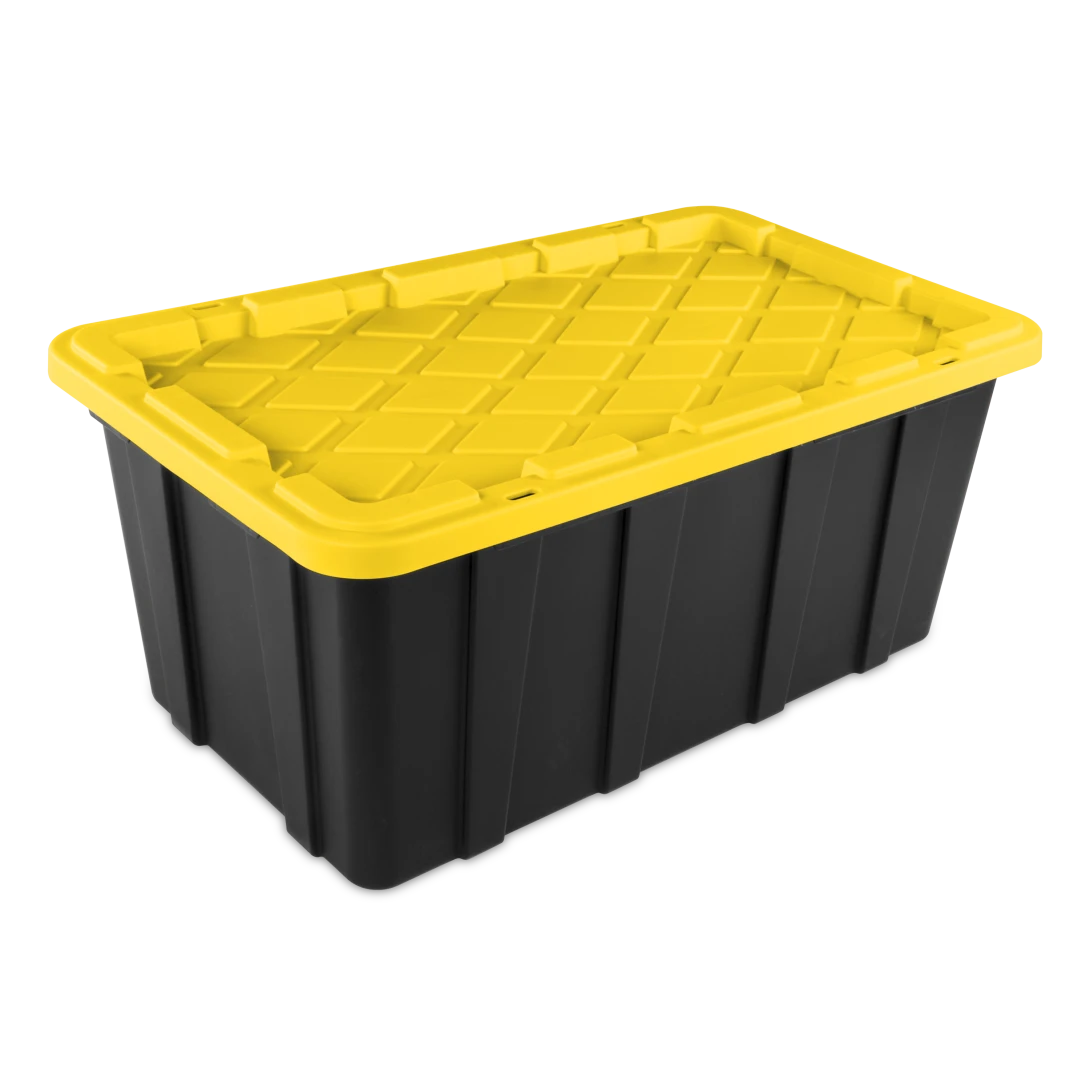 Sterilite 5067 38 gallon extra large heavy-duty industrial plastic storage tote with black base, bright yellow lily snap-on lid, and tie-down strap channels