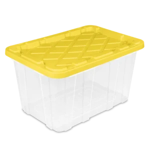 Sterilite 5075 27 gallon heavy-duty clear plastic industrial storage box with transparent base, bright yellow lily snap-on lid, and tie-down strap channels