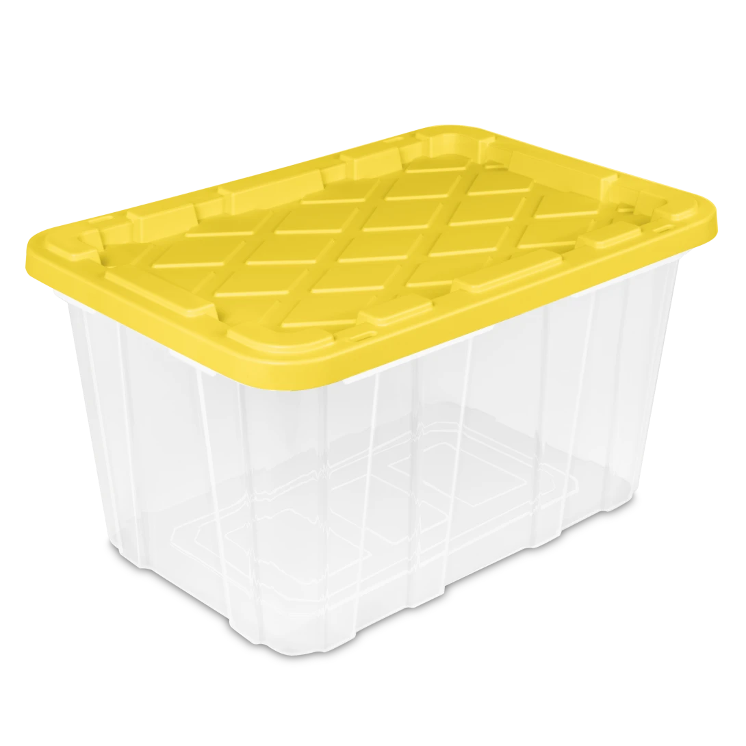 Sterilite 5075 27 gallon heavy-duty clear plastic industrial storage box with transparent base, bright yellow lily snap-on lid, and tie-down strap channels